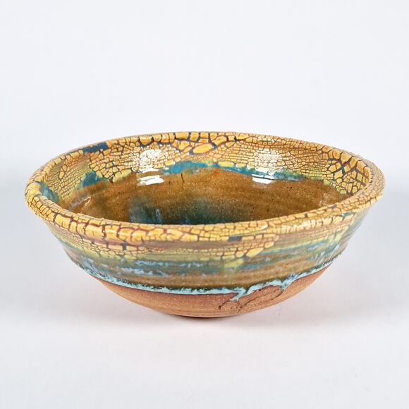 Cathy Veblen Anthro Pottery Bowl Yellow Turquoise Blue Corrales New Mexico 2007 - Picture 3 of 9